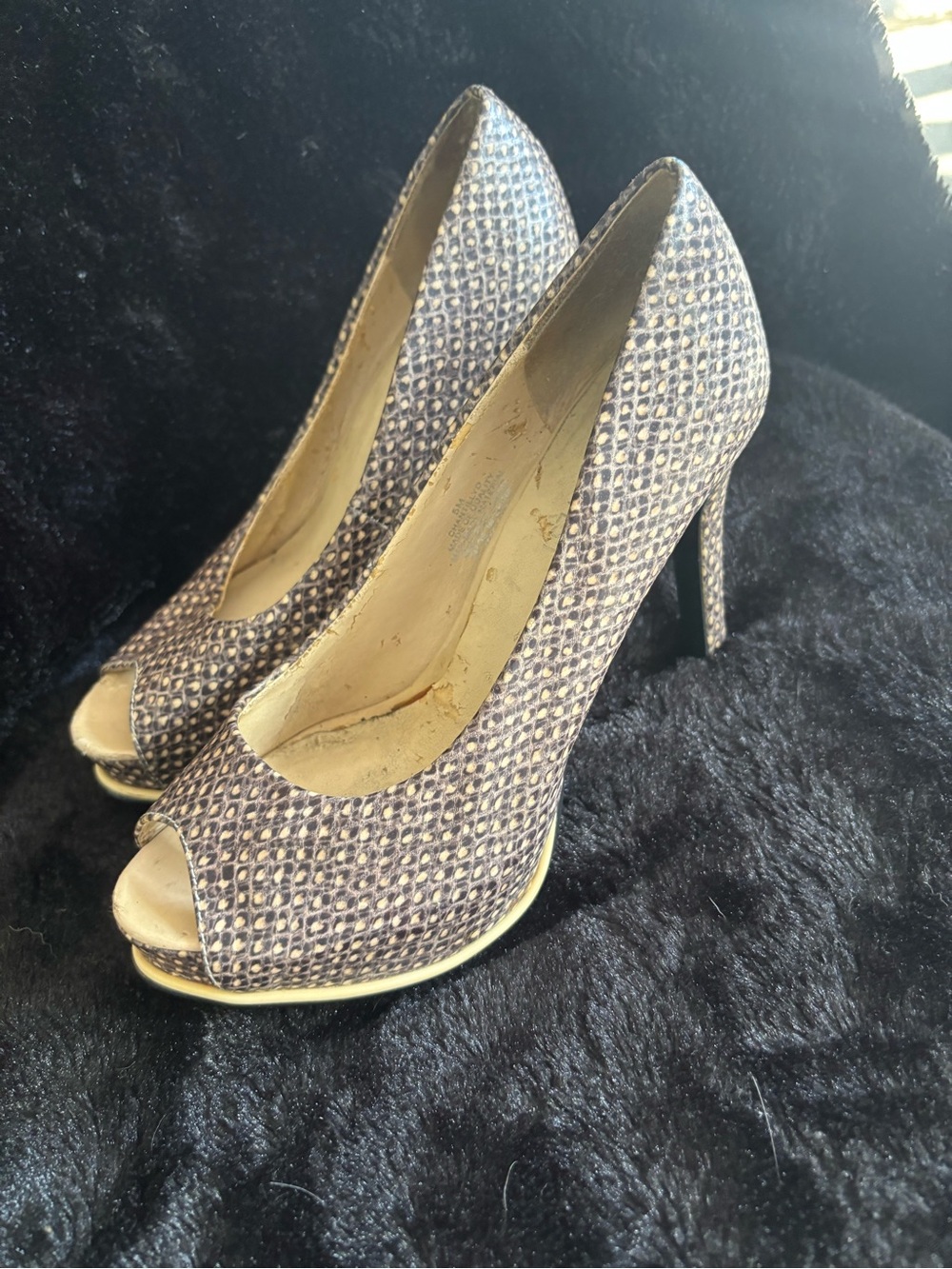 Women's Peep-Toe High Heels in Faux snake skin print.